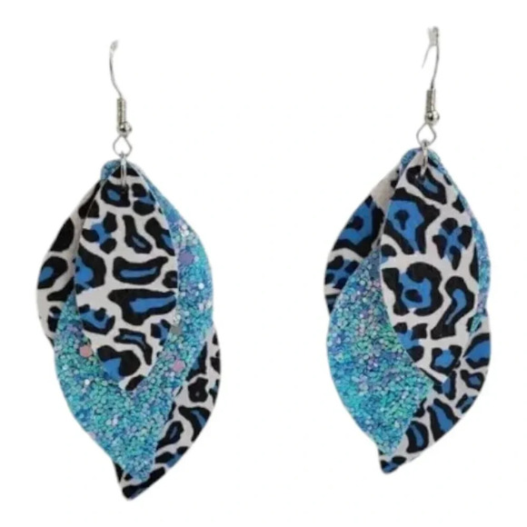3 Layer Blue Sparkle Animal Faux Leather Dangle Chic Lightweight Earrings  3bl13 - Picture 2 of 6